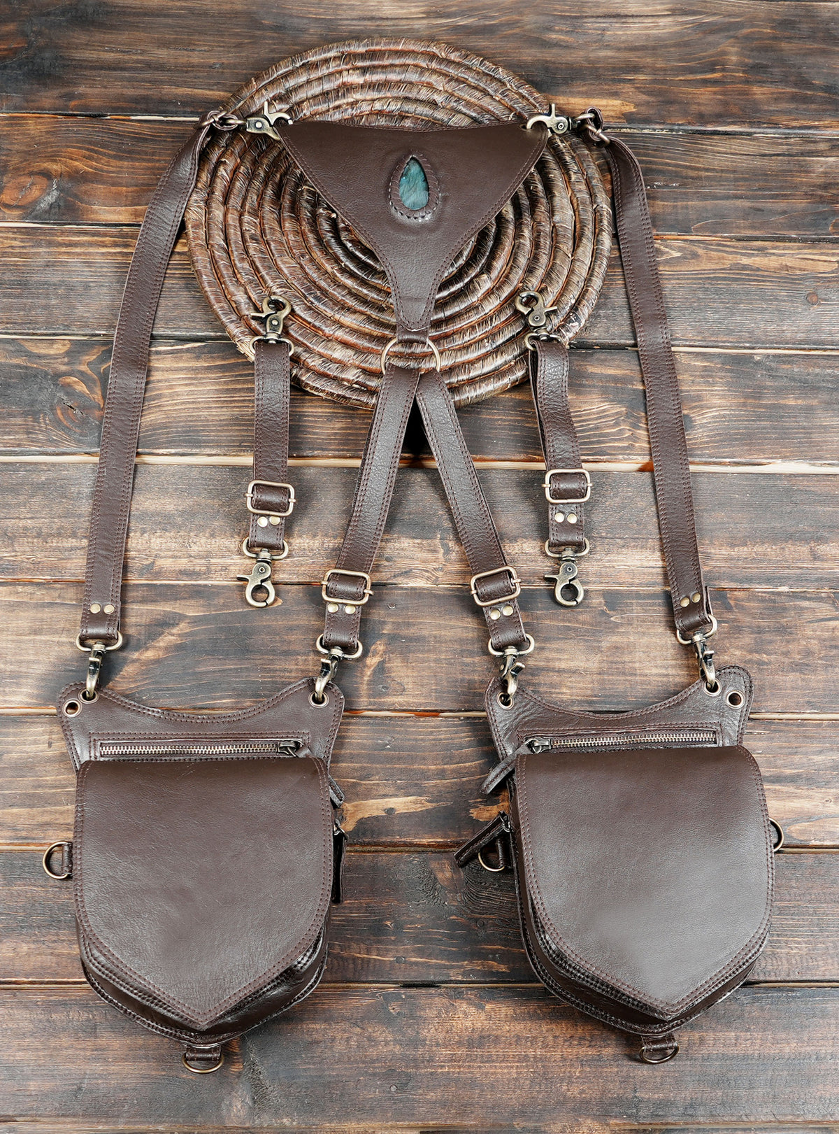 Handmade brown leather shoulder harness with two detachable style hip pouches