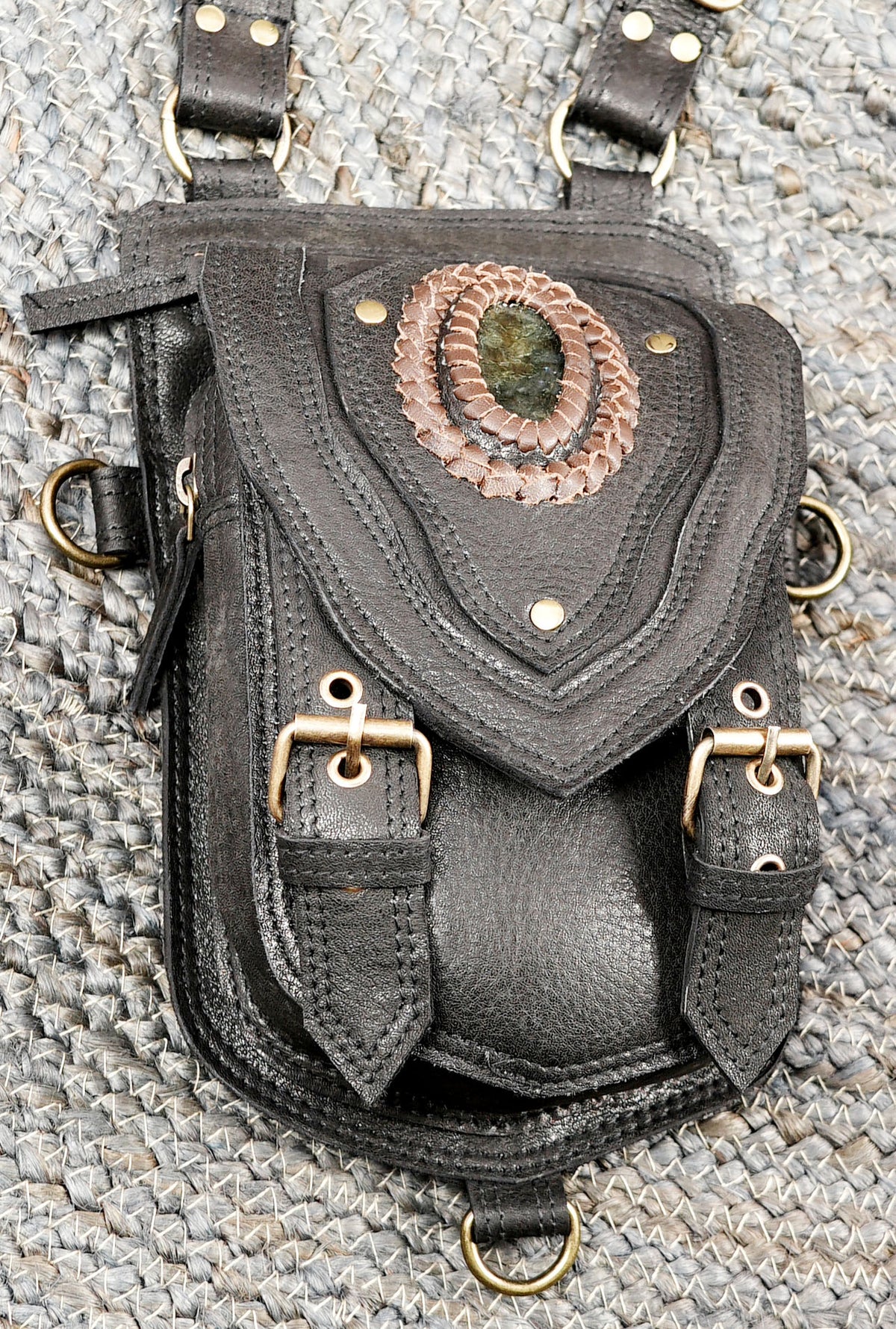 Black Leather Utility Chest Rig Bag with Adjustable Straps and Zipper Compartments
