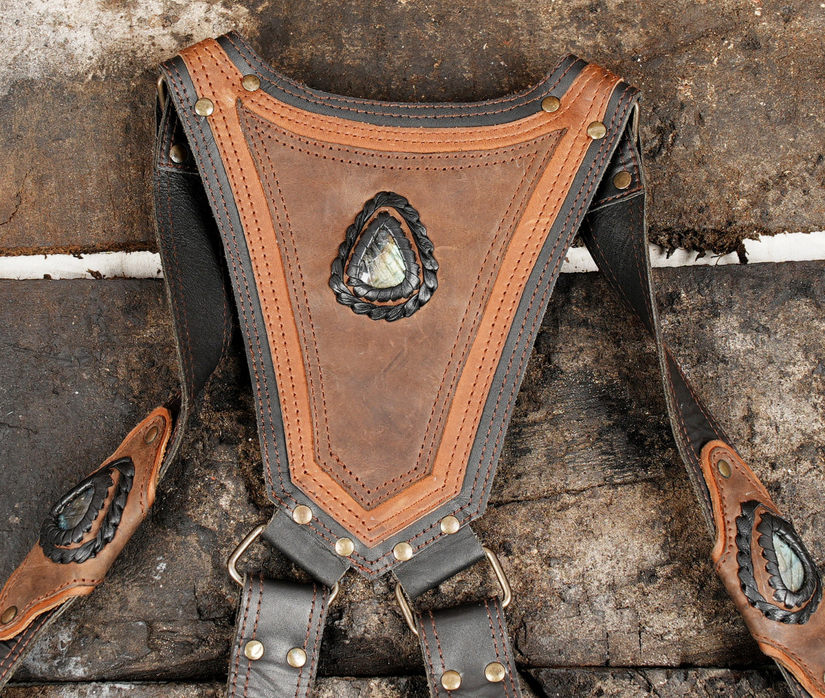 Steampunk leather harness pouch set with metal studs and decorative gemstones
