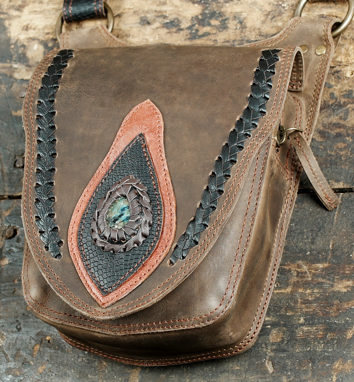 Artisan brown leather double pocket belt bag for rave and festival outfits
 
