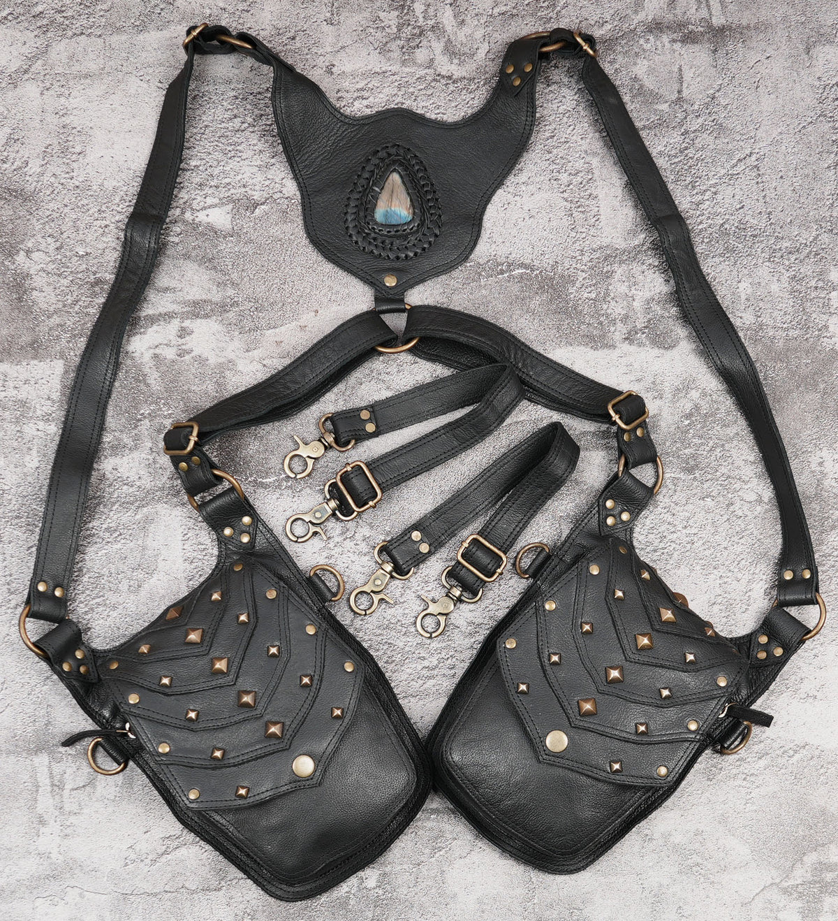 Black leather shoulder holster bag with Natural Labradorite stone and studded pockets