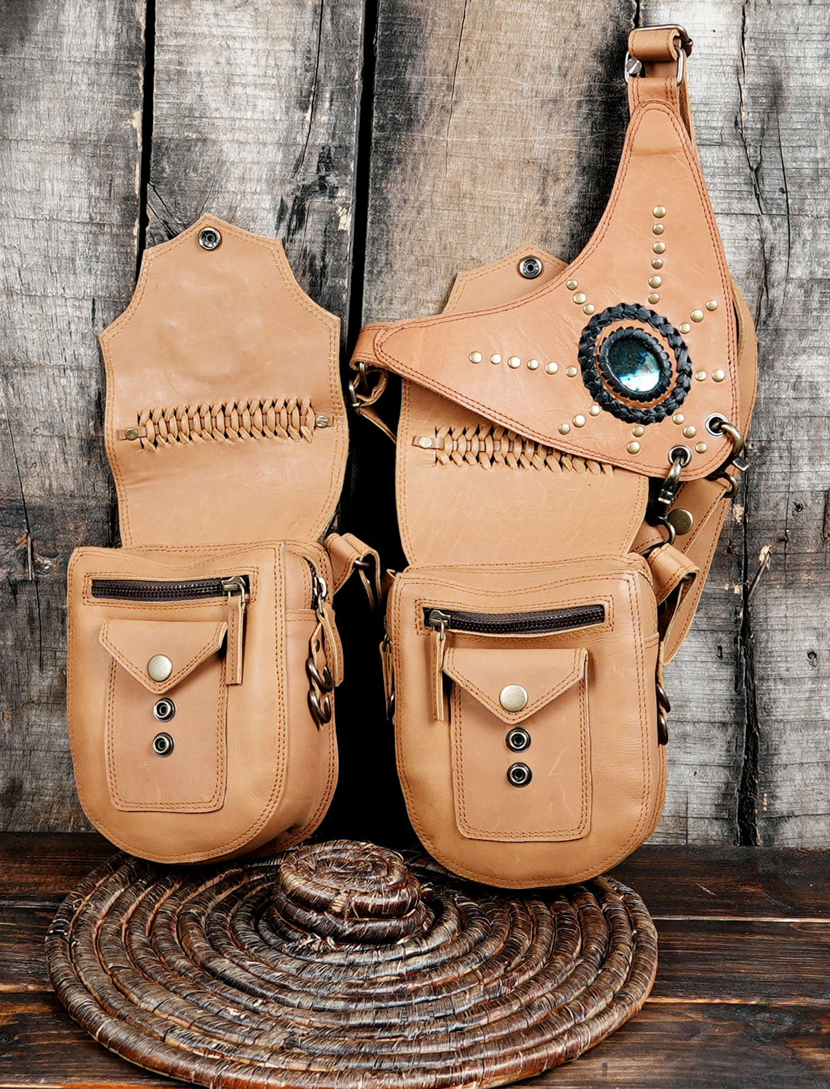 Tan Leather Double Hip Bag Harness with Natural Labradorite Stones