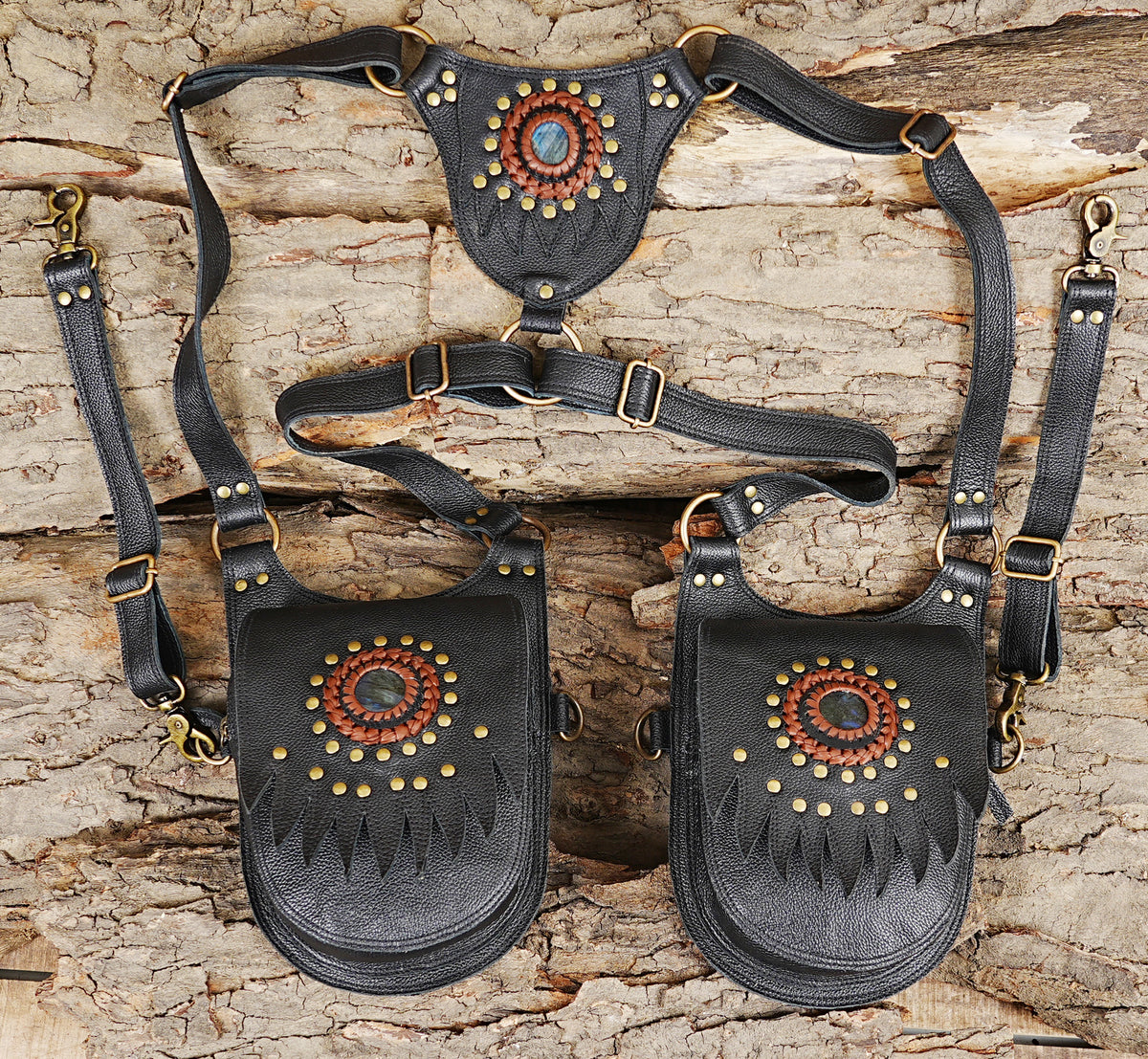 Black leather rave festival harness bag with Natural Labradorite and double utility pouches