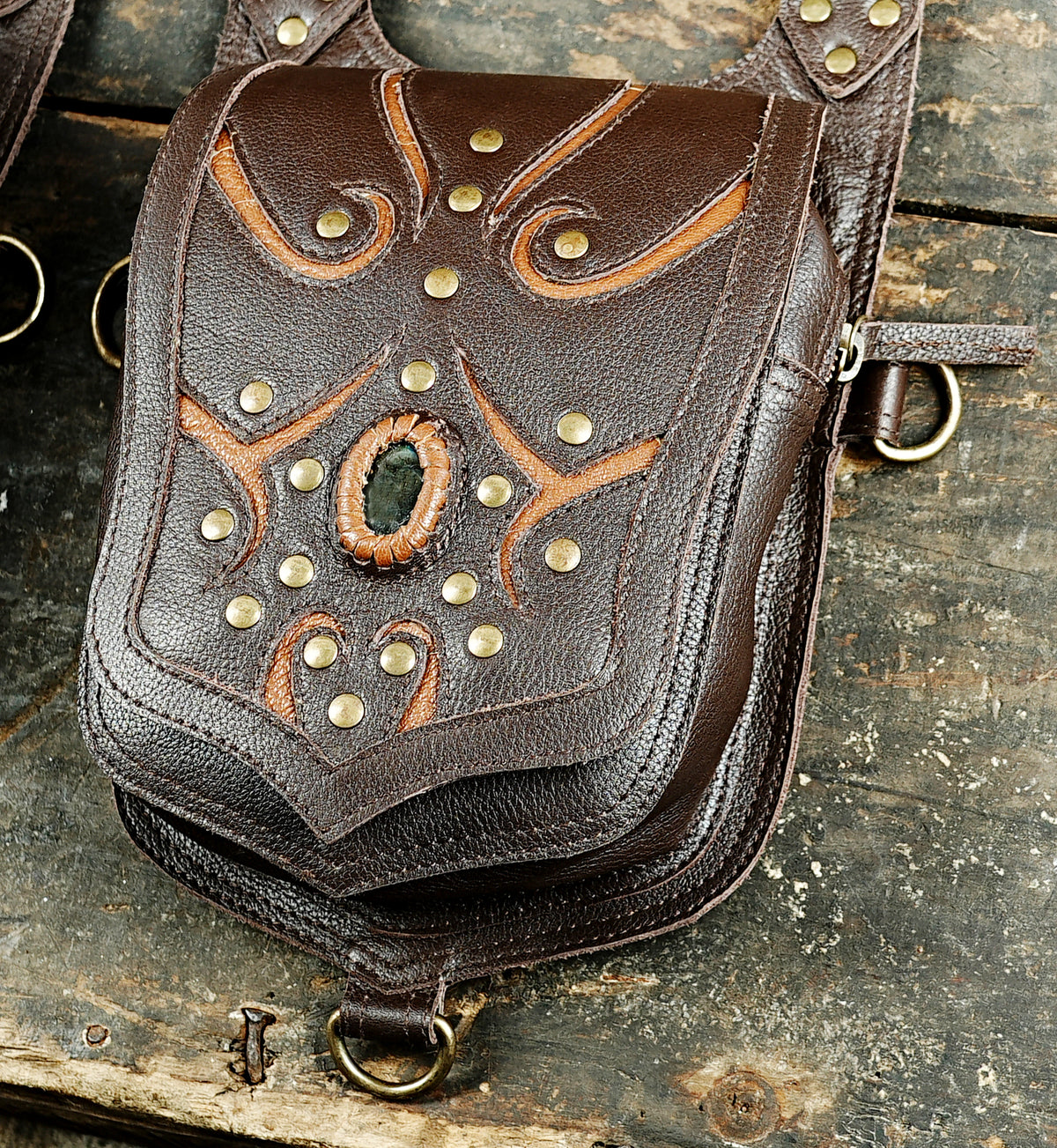 Handcrafted leather shoulder bag harness with natural labradorite and studded detailing