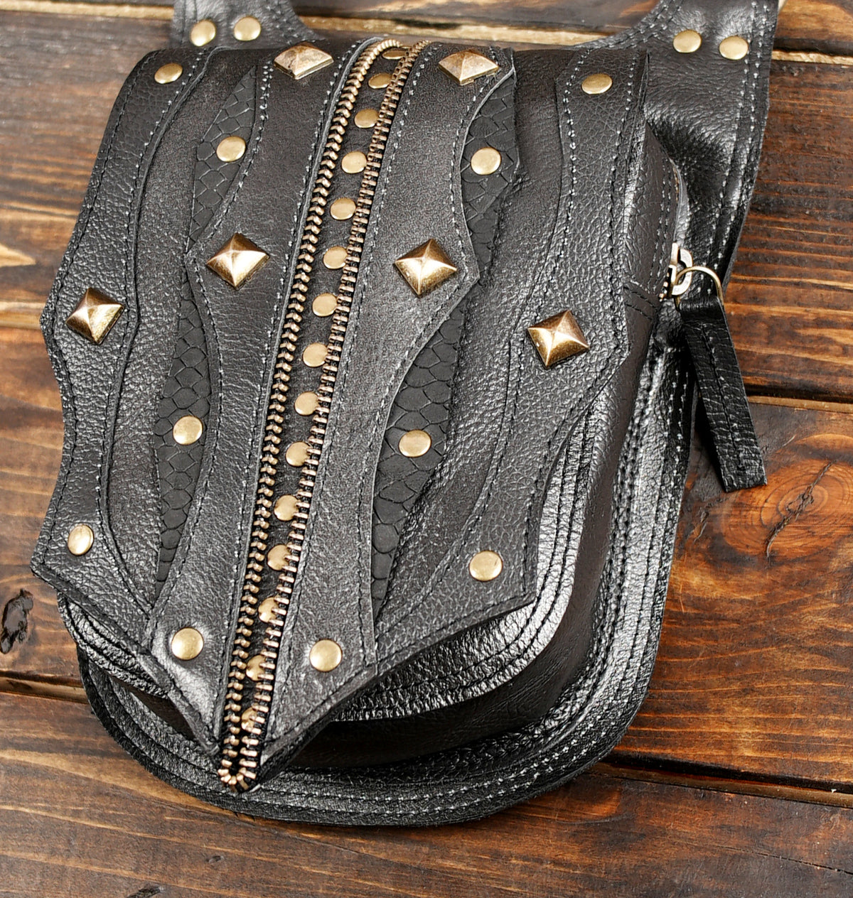 Unisex Black Leather Double Hip Pouch Harness with Studs