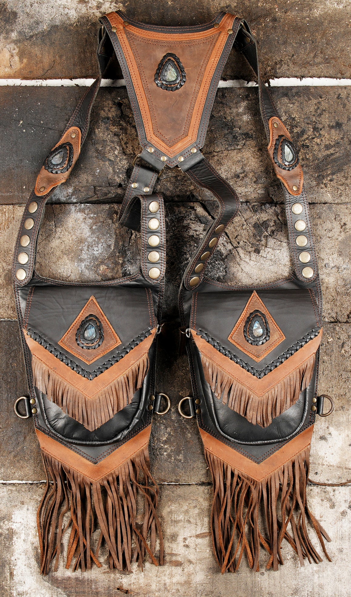 Handmade leather utility harness with two side bags and decorative stone centers