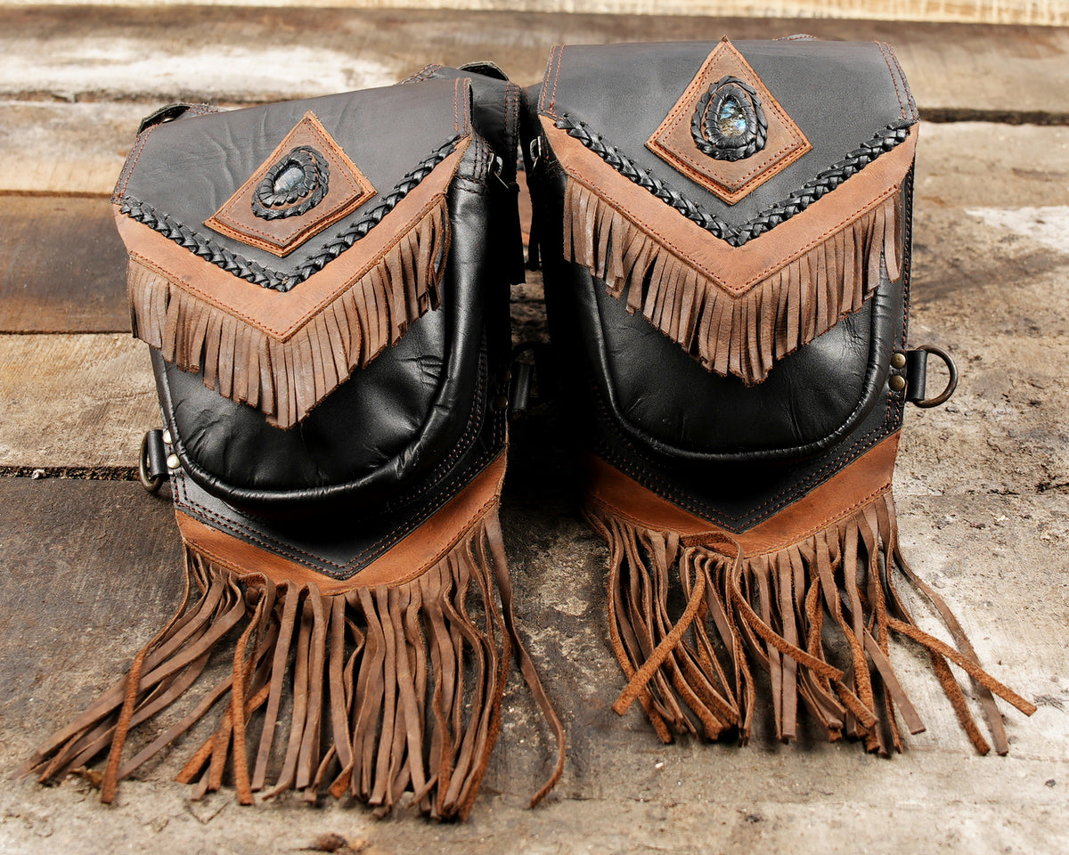 Leather Burning Man belt bag set with matching pouches and long fringe