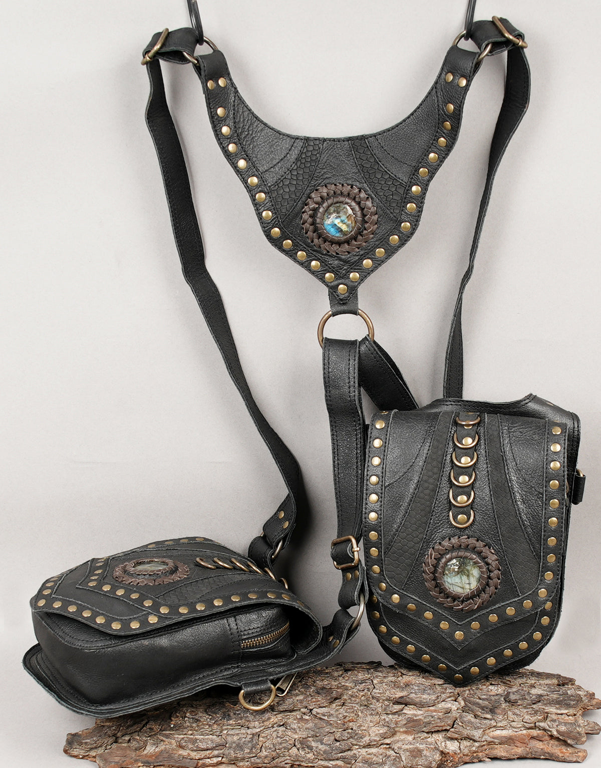 Black festival utility harness bag with adjustable straps and double pouches