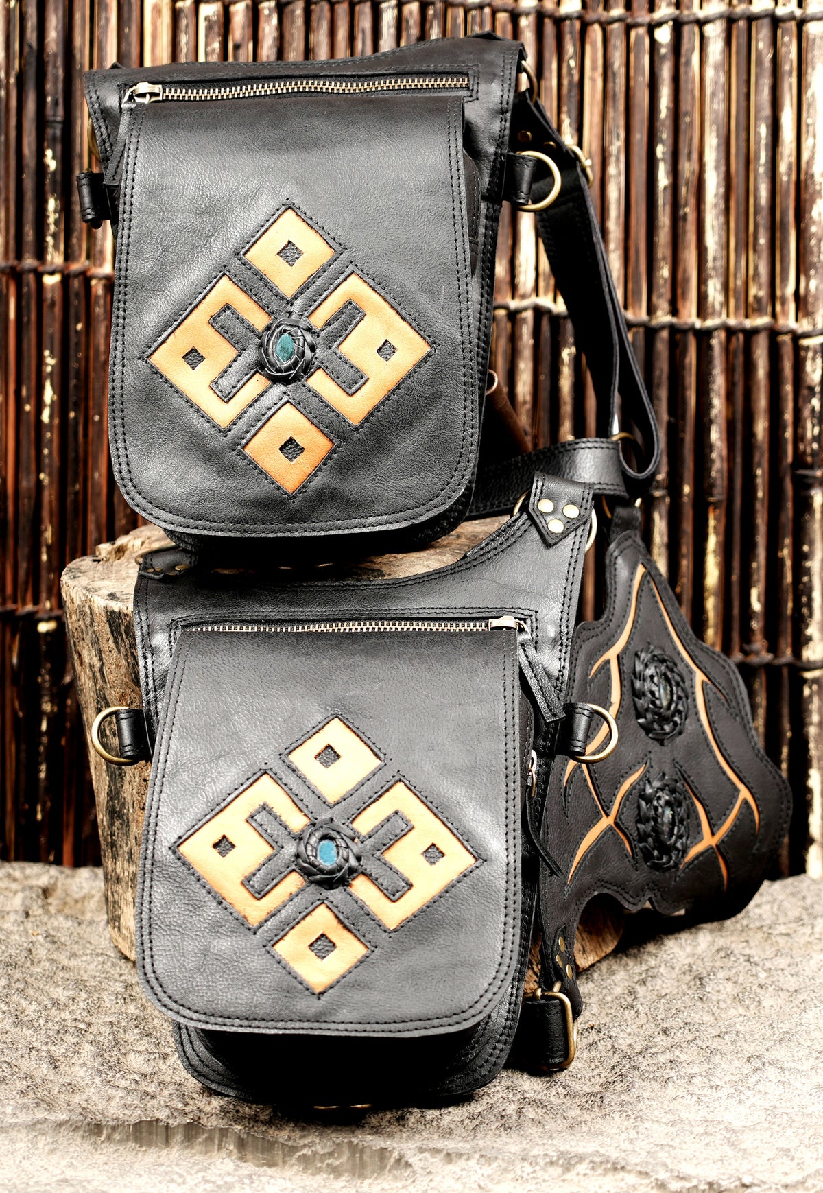 Black leather dual pouch shoulder harness bag for men and women