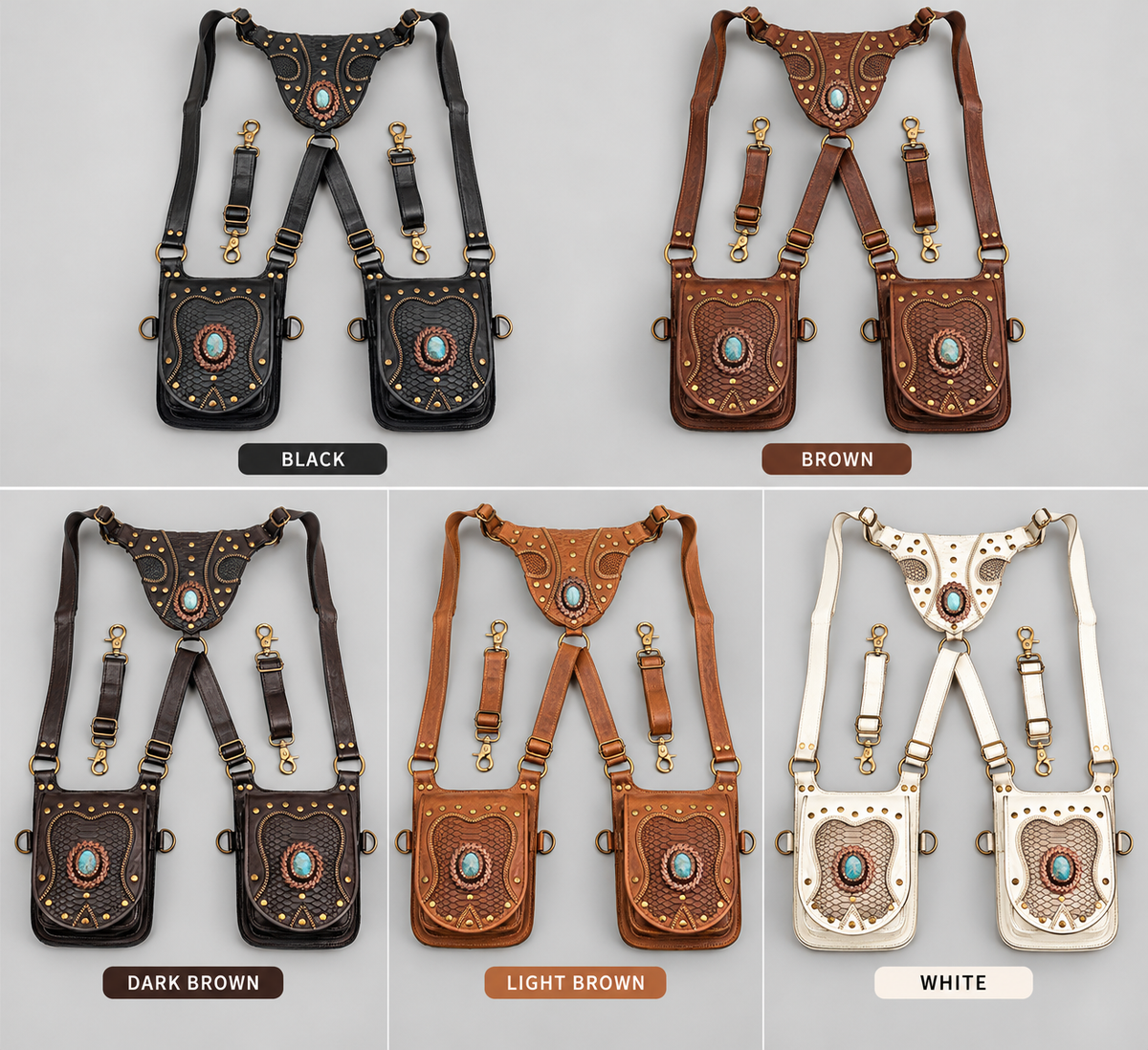 Decorative leather hip bag with turquoise cabochons and antique brass-tone fasteners