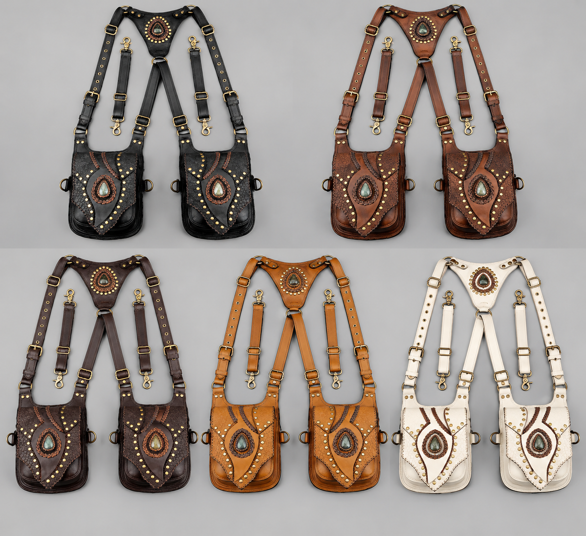 Handmade black leather dual pouch harness for Burning Man and music festivals
