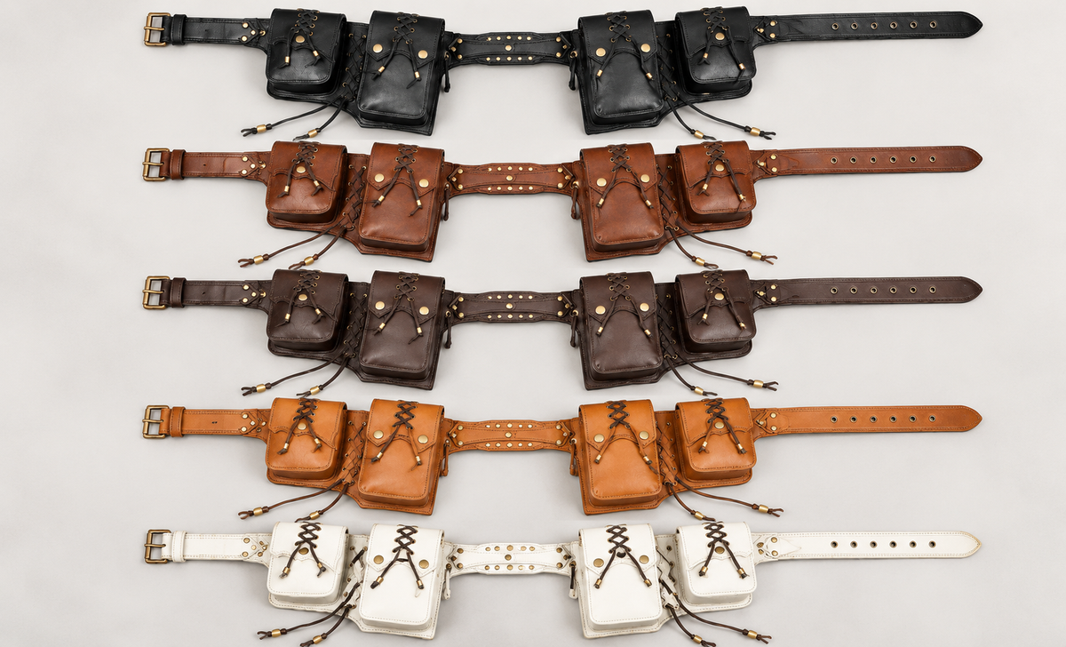 Hands-free black leather hip pack belt with lace-up detailing