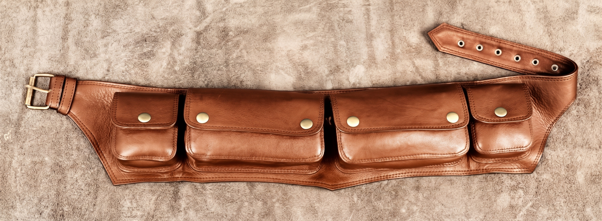 Black leather steampunk waist bag with multiple utility pouches