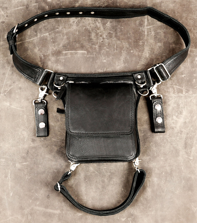 Front view of handmade black leather drop-leg utility bag