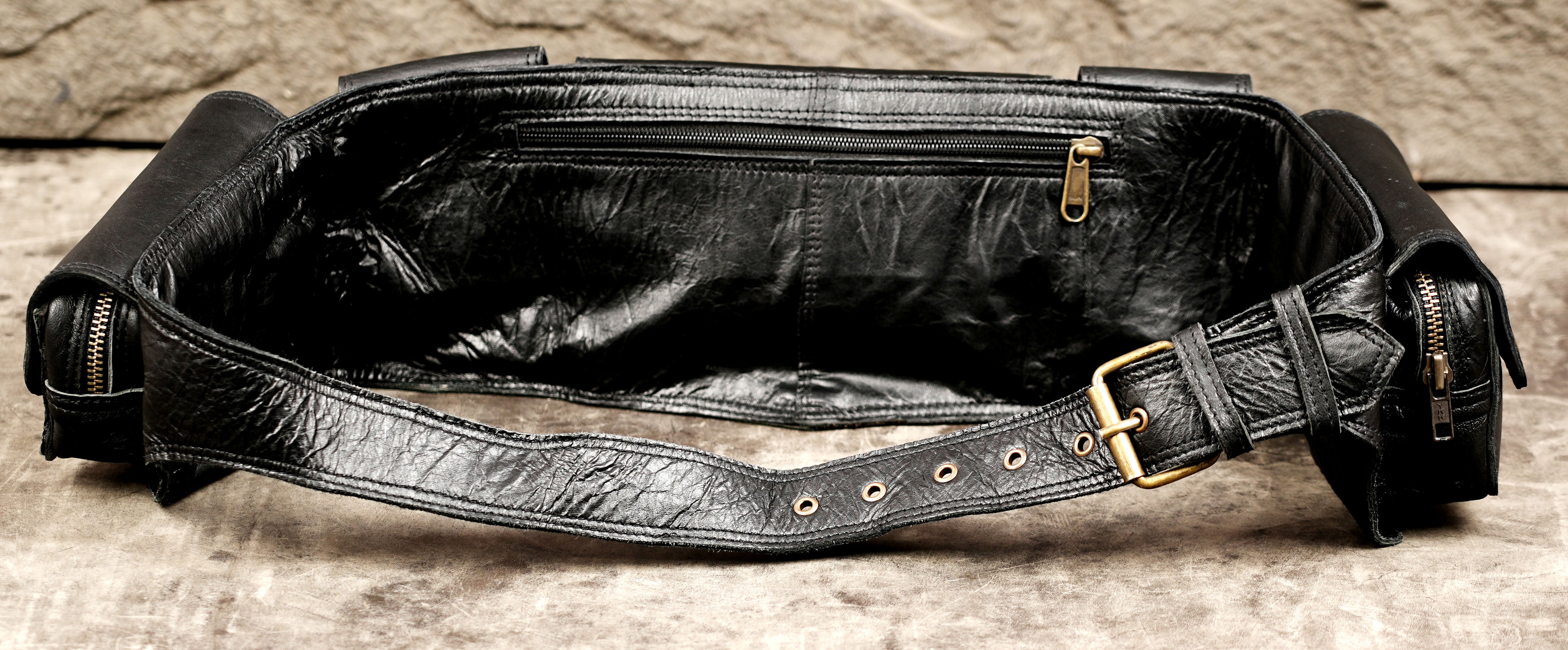 Functional black leather belt bag for women and men