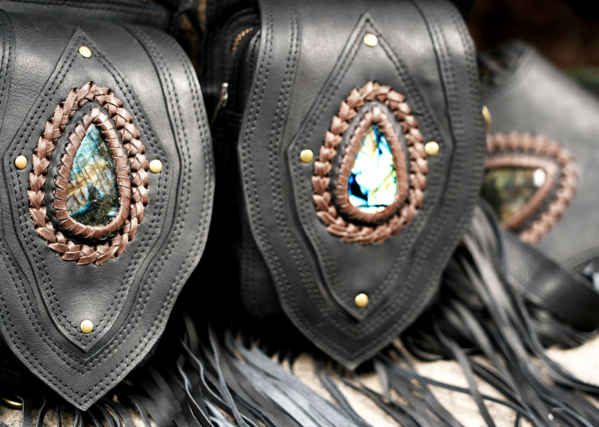Black Leather Holster Vest Fringe Harness Bag Dual Utility Pouches Festival Body Suspender Natural Labradorite Stones