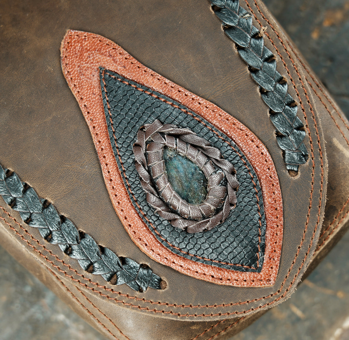 Boho leather double hip pouch with blue green gemstone details and braided trim
 
