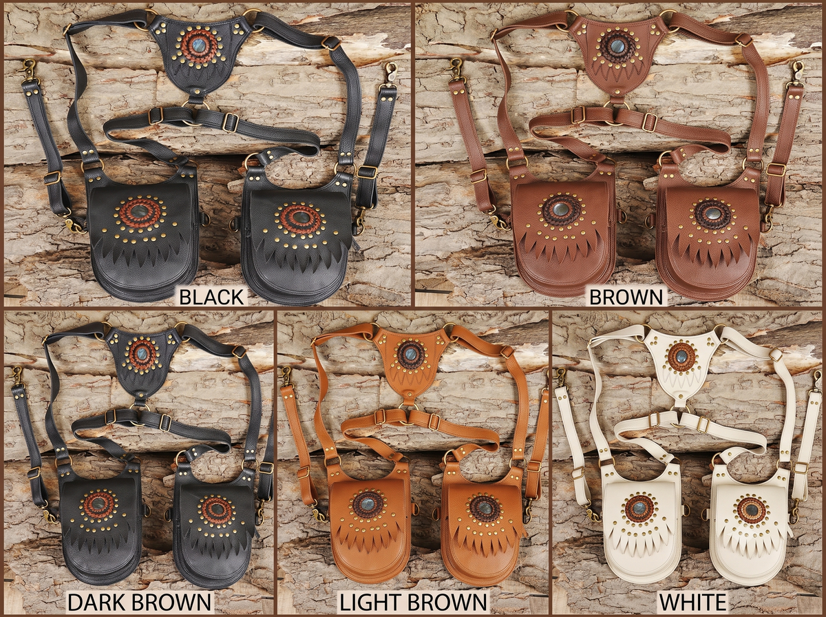Black Leather Double Shoulder Harness Bag with Natural Labradorite Festival Pouches