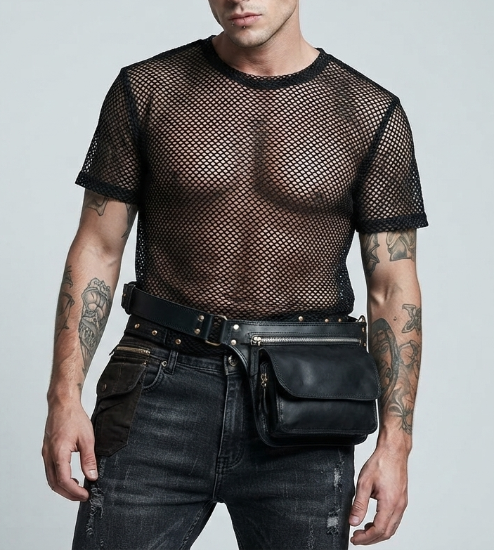 Black Leather Waist Belt Bag with Zipper Pouch and Antique Brass Hardware