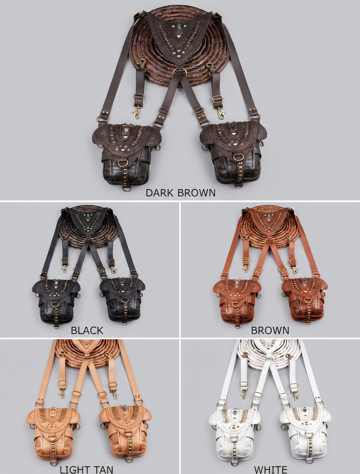 Handmade leather double pouch harness with decorative brass studs and stitching