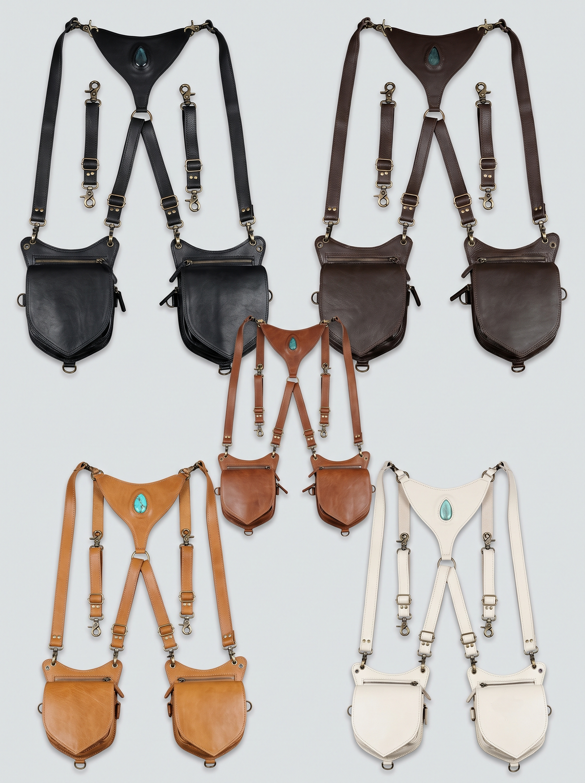 Boho leather harness accessory with turquoise centerpiece and metal fasteners