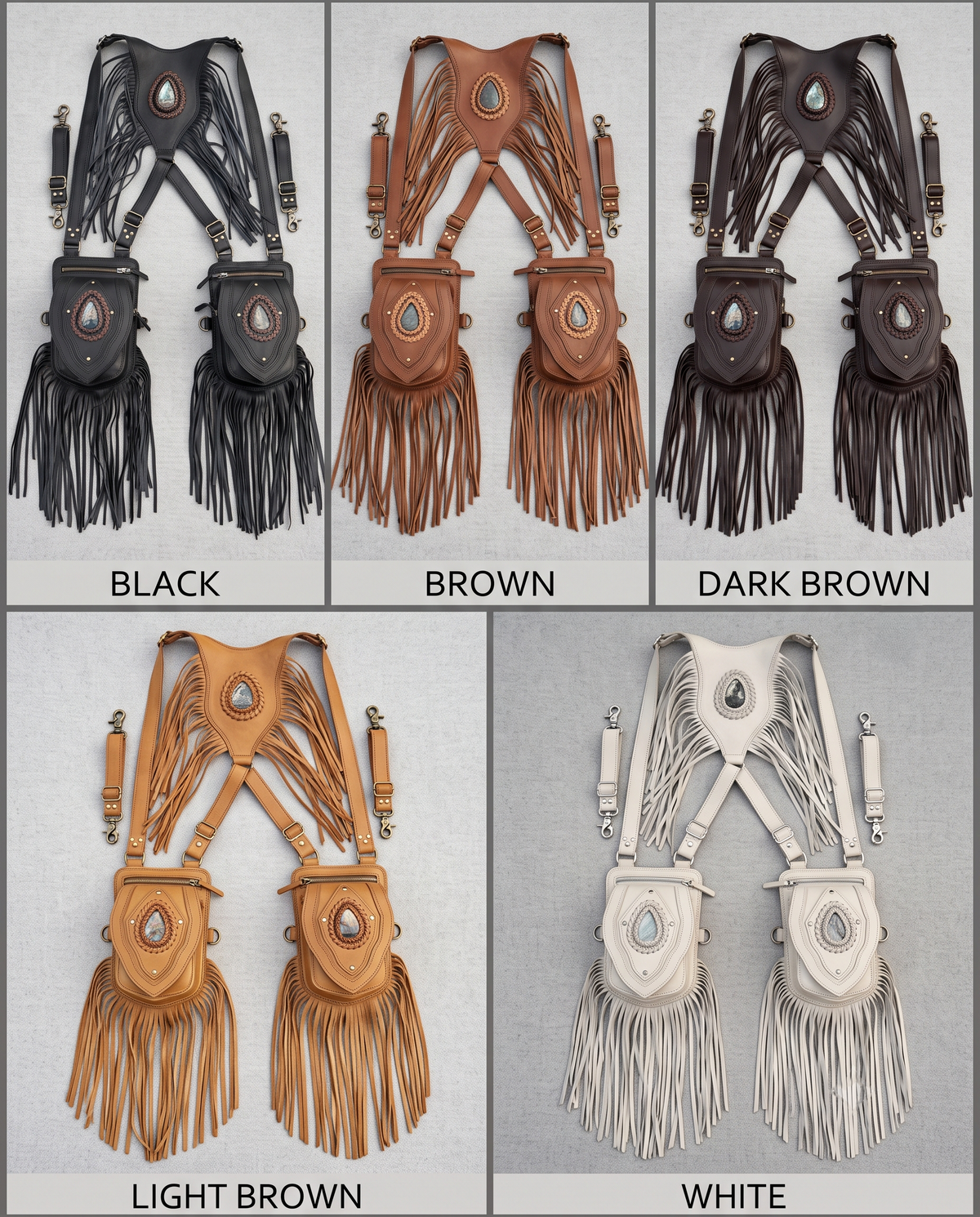 Black Leather Holster Vest Fringe Harness Bag Dual Utility Pouches Festival Body Suspender Natural Labradorite Stones