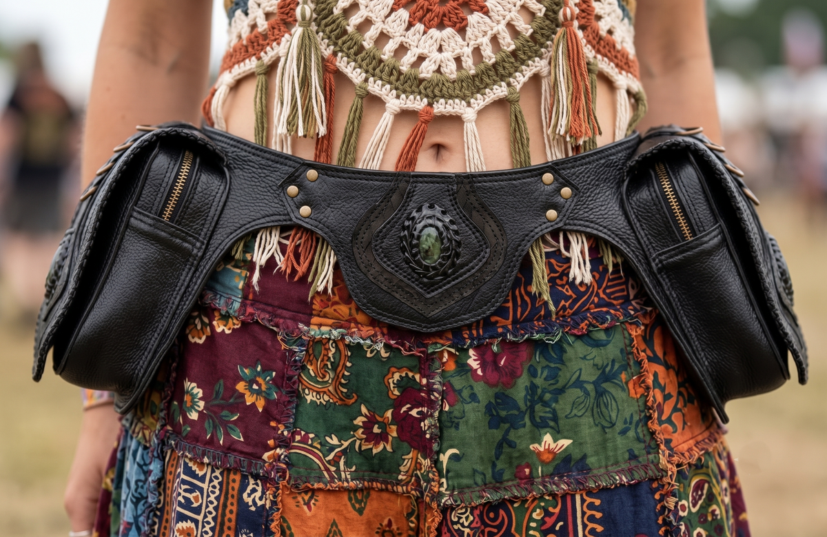 Unisex leather festival belt with multiple pockets and decorative metal studs