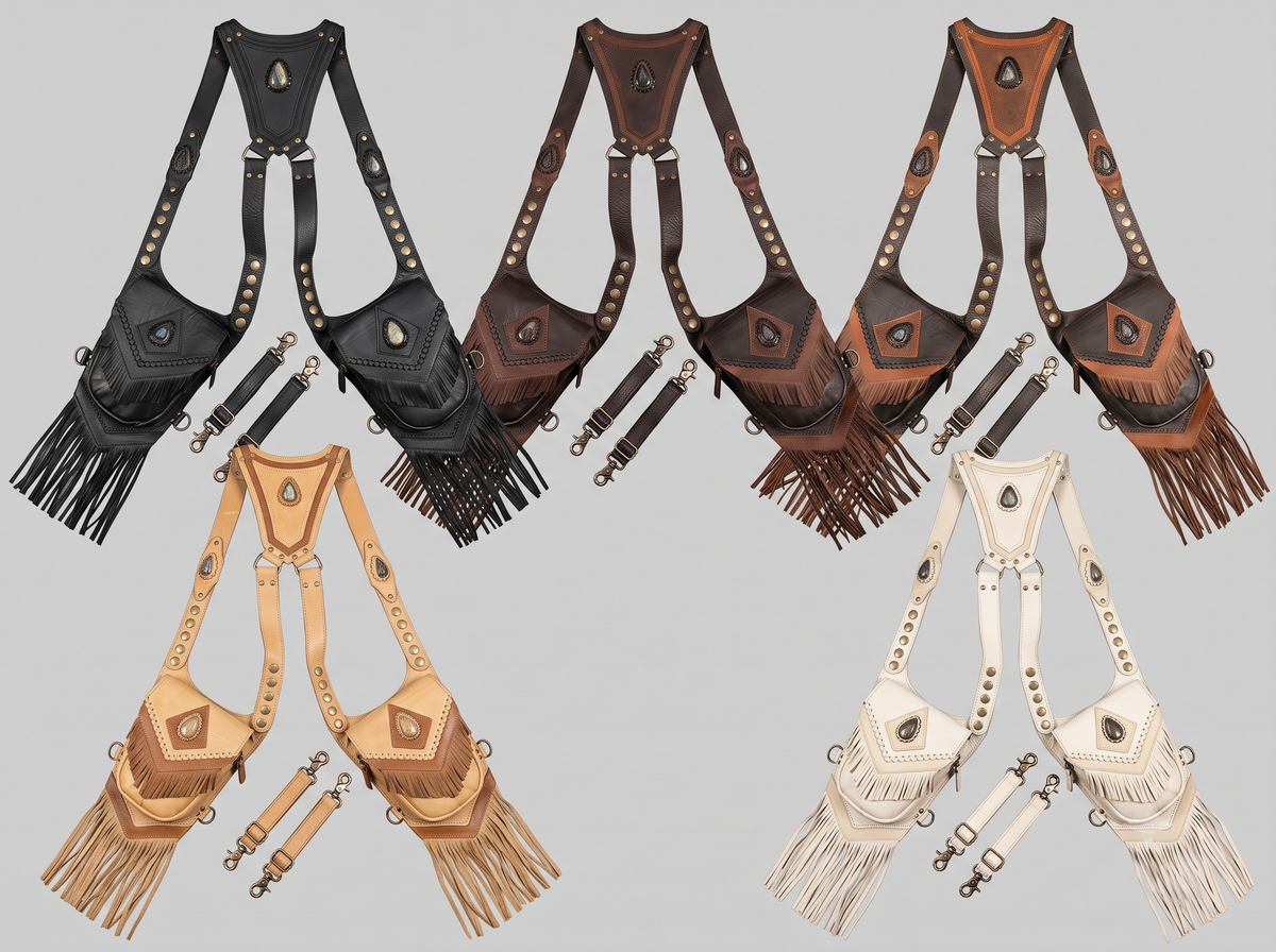Adjustable leather shoulder and hip harness with twin fringe pouches