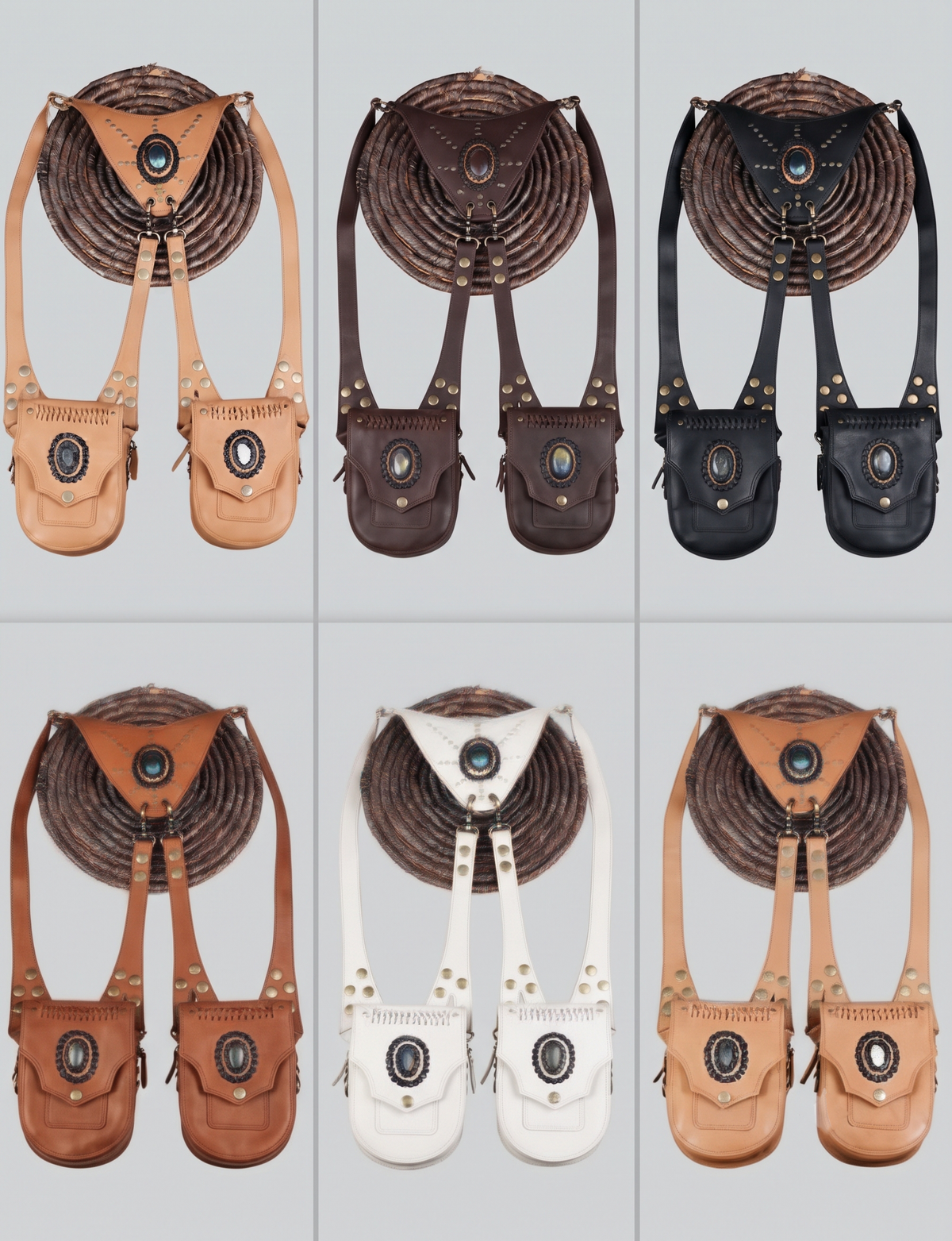 Matching tan leather hip pouches with adjustable straps and decorative stone centers