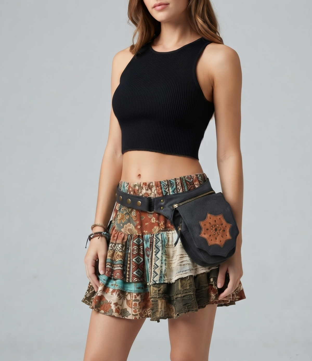 Unisex black leather waist bag with brass hardware on tree bark background