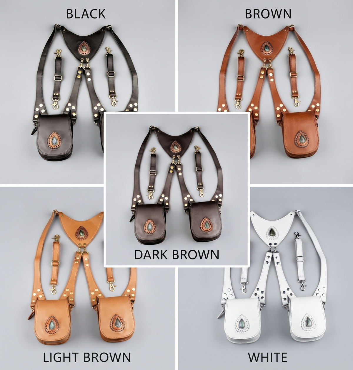 Alternative fashion leather harness bag with decorative gemstone settings