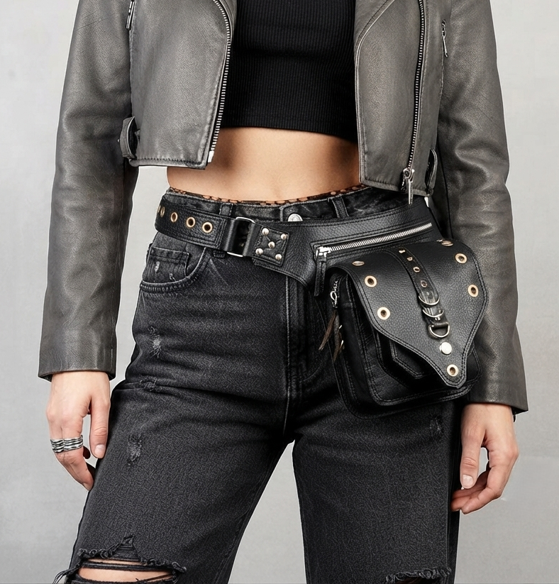 Handmade Black Leather Waist Belt Bag with Antique Brass Hardware and Adjustable Strap For Unisex.