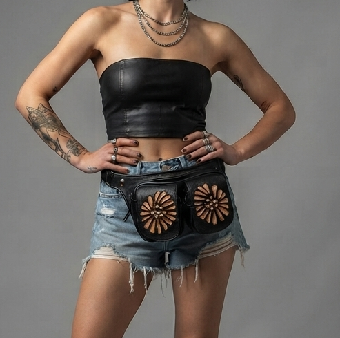 Small black leather waist bag with tan floral accents and secure pouch closures.