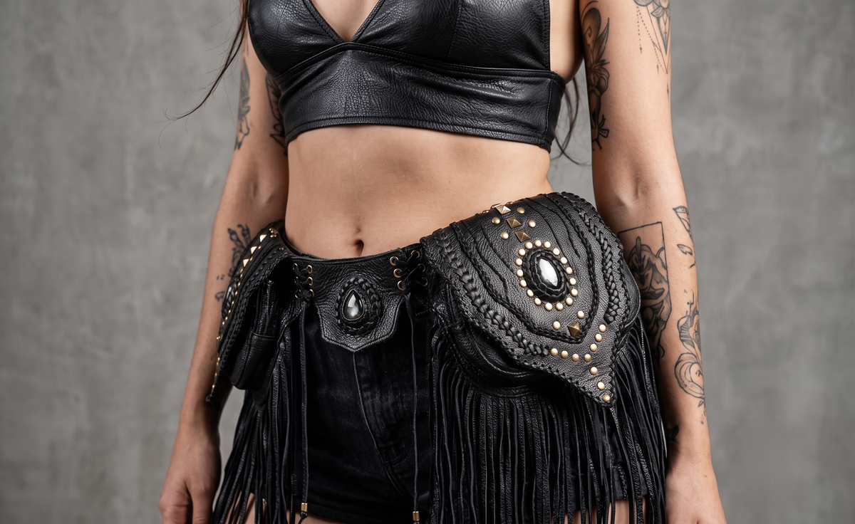 Handmade leather fringe hip belt with natural stone details