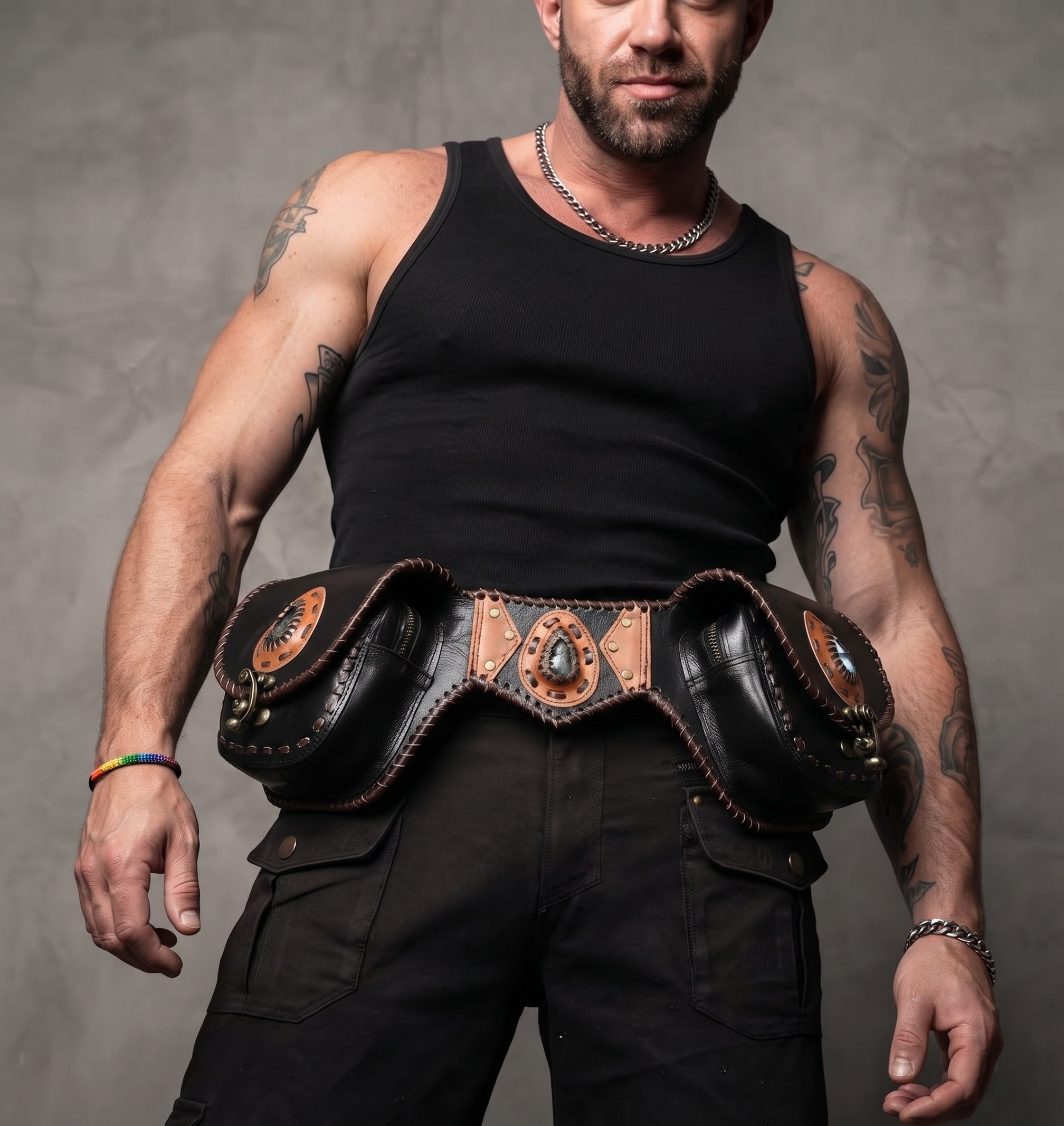 Steampunk leather waist belt with brass buckle and gemstones