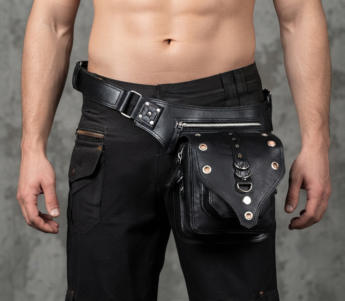 Handmade Black Leather Waist Belt Bag with Antique Brass Hardware and Adjustable Strap For Unisex.