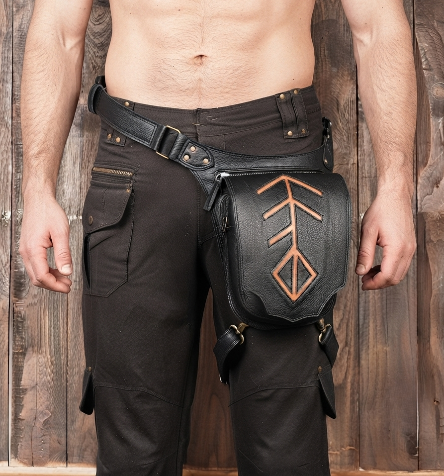 Handmade Black Leather Waist and Thigh Belt Bag with Geometric Design and Antique Brass Hardware