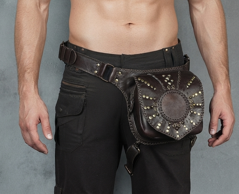 Handmade Brown Leather Waist and Thigh Belt Bag with Antique Brass Studs – Unisex Festival Utility Pouch