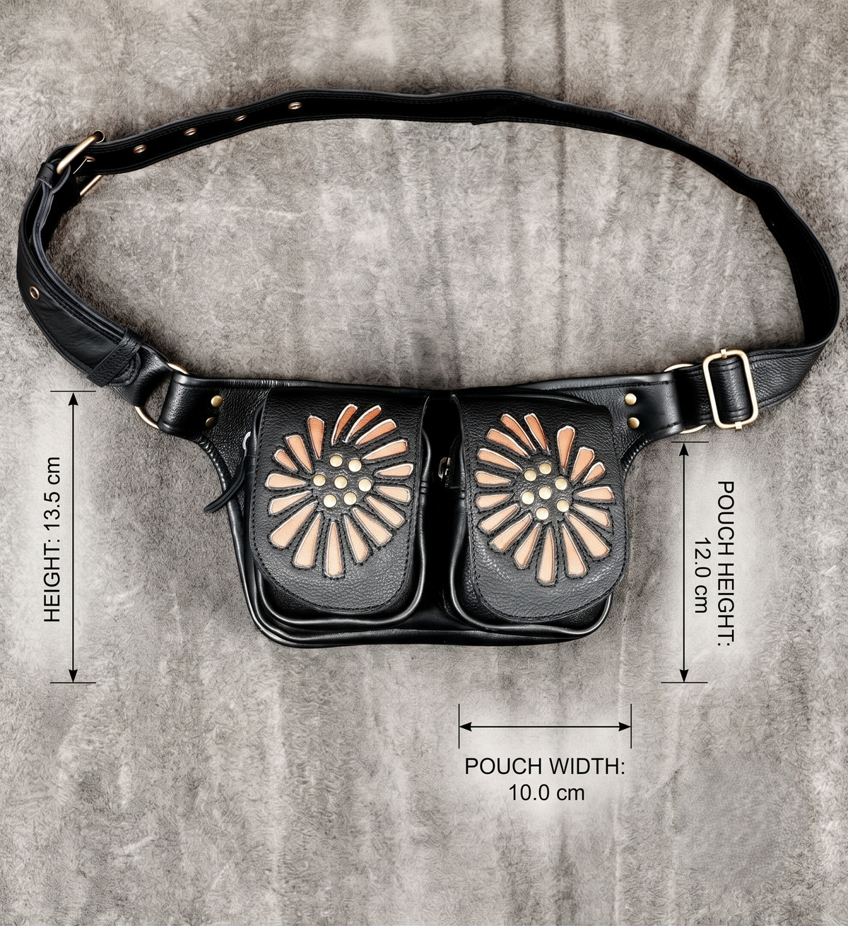 Boho style black leather money belt bag with brass accents and twin zip pouches   