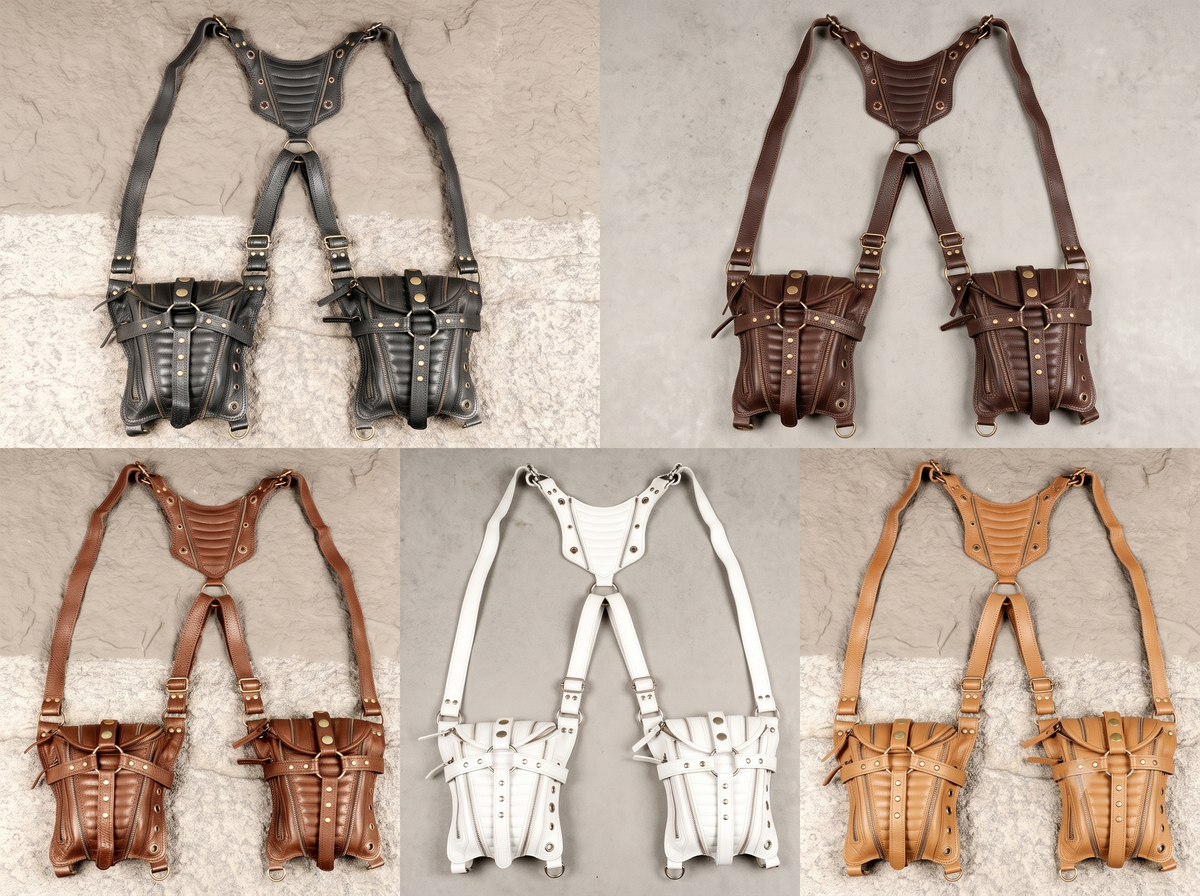 Unisex steampunk hip bag with black leather construction and adjustable harness straps