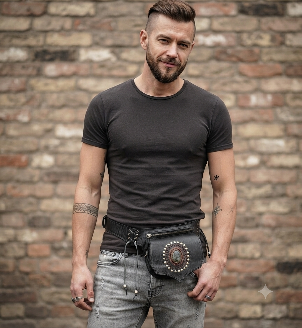 Black leather Burning Man belt bag with natural gemstone and adjustable waist strap.