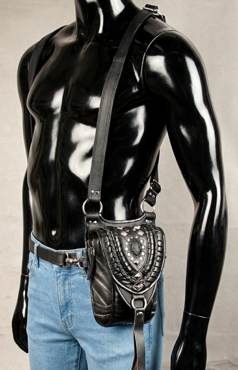 Wasteland style studded leather shoulder holster bag for festival wear