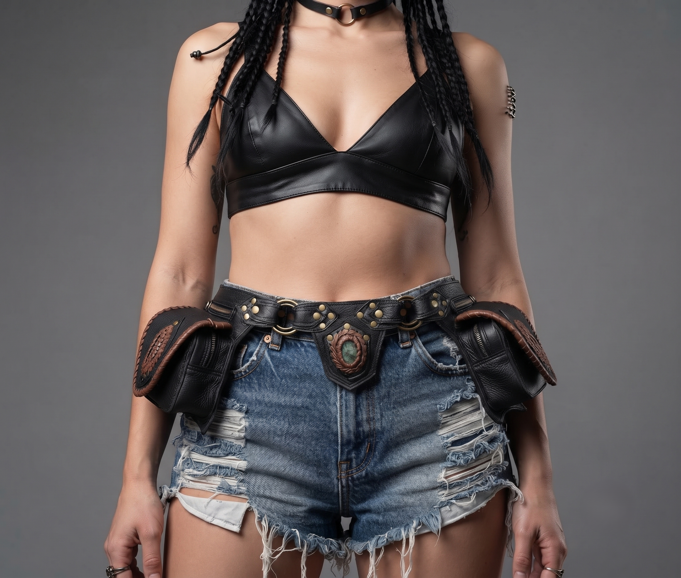 Black leather waist belt with natural stone