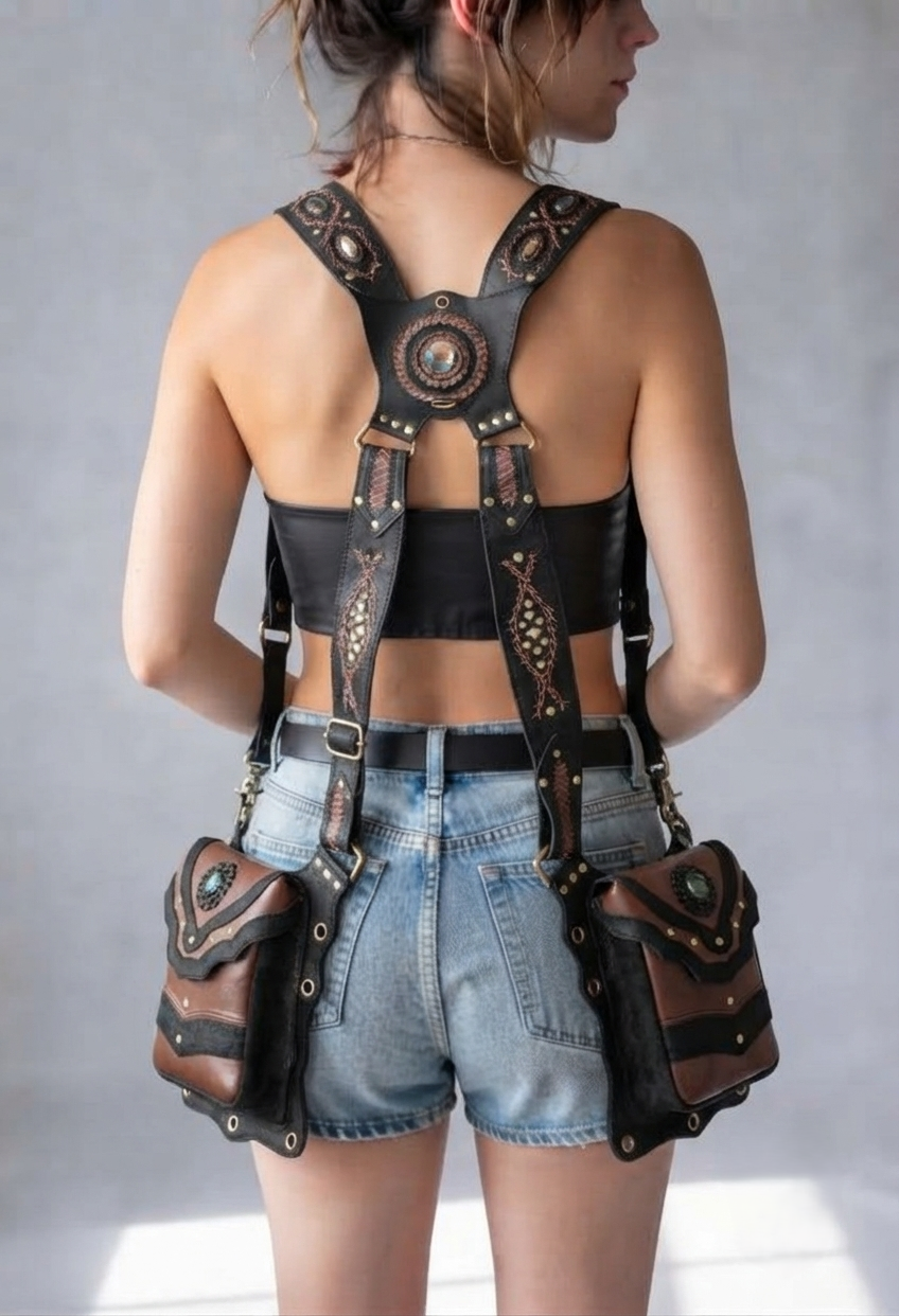 Gothic festival harness bag made from black and brown leather with Natural Labradorite