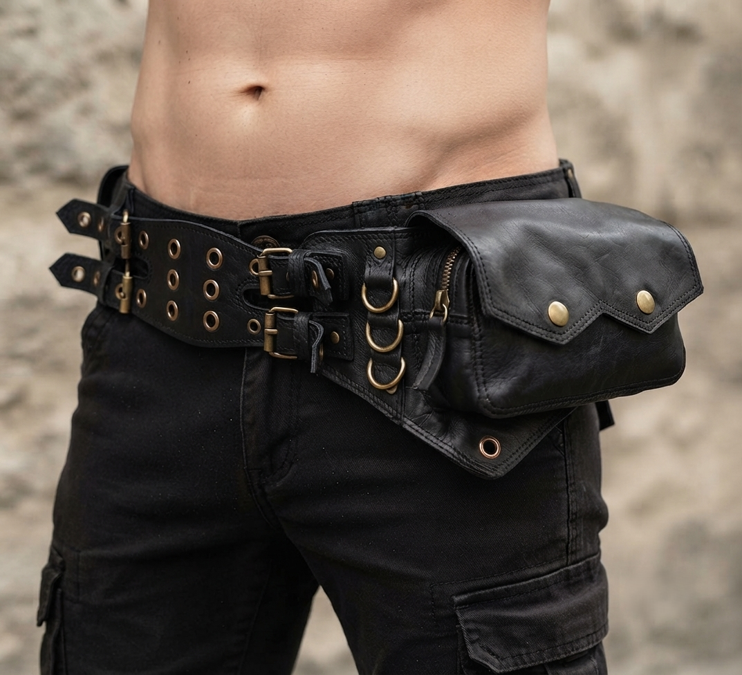 Unisex Handmade Black Leather Utility Belt Bag with Multiple Pockets and Antique Brass Hardware