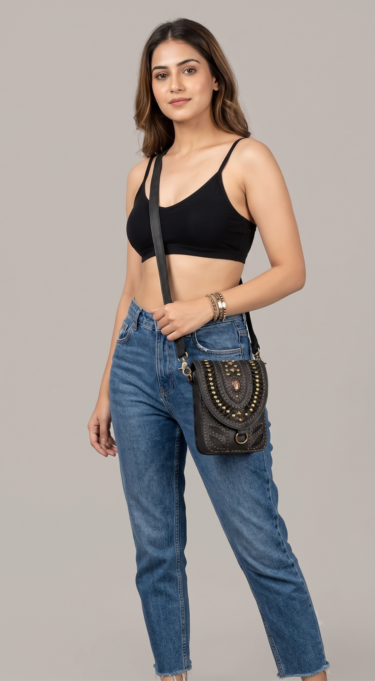 Unique studded leather waist pack with natural stone and leaf patternUnique studded leather waist pack with natural stone and leaf pattern