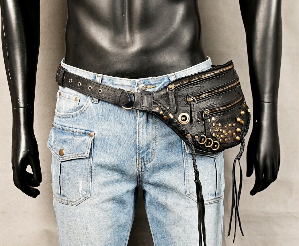 Vintage steampunk black leather waist pack with multiple zip compartments.