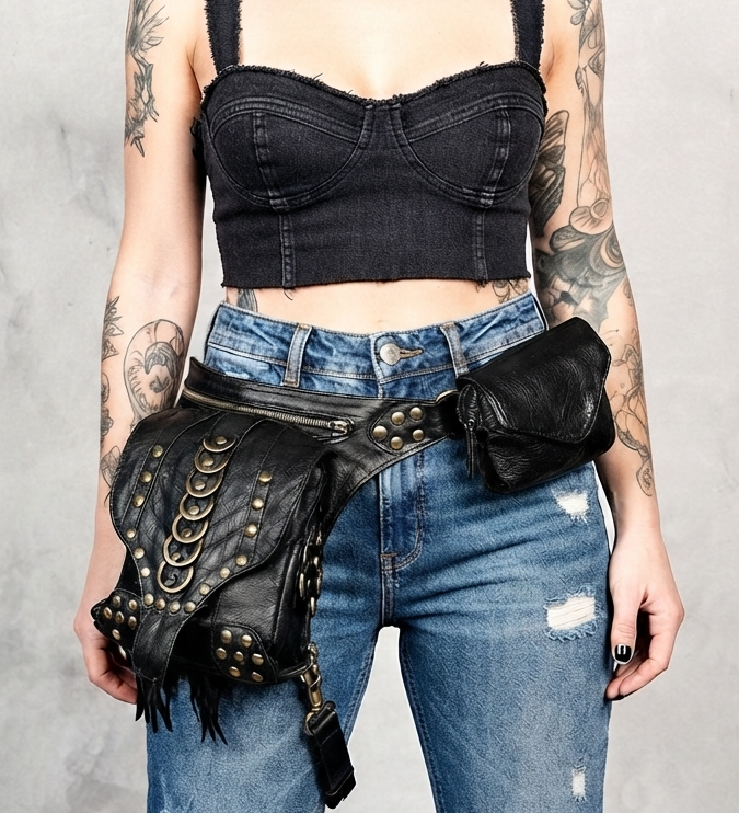 Handmade Black Leather Waist and Thigh Belt Bag with Antique Brass Studs and Utility Pockets