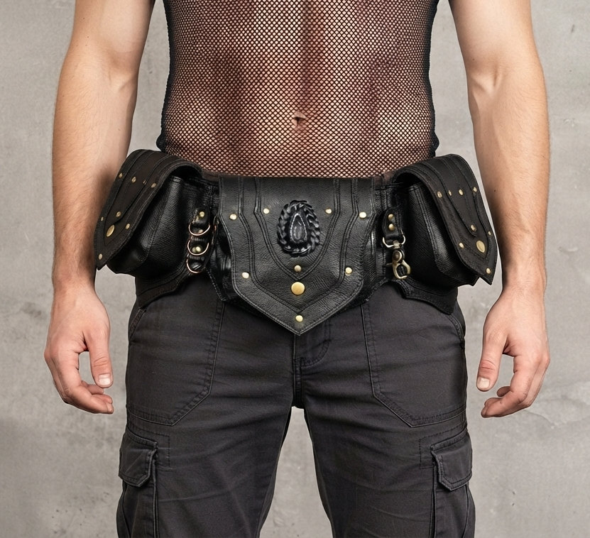 Handmade Black Leather Utility Waist Belt Bag with Multiple Pockets, Labradorite Stone and Antique Brass Hardware