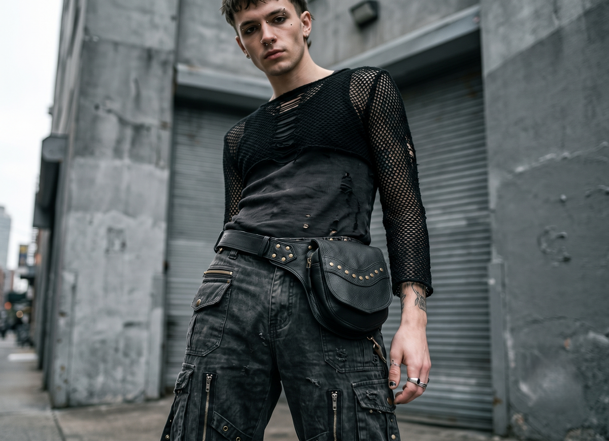Unisex Black Leather Waist Belt Bag with Studded Pouch and Antique Brass Hardware